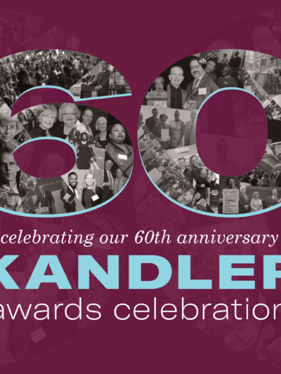 image: "60" filled with images of ACLU of Delaware's history; text: celebrating our 60th anniversary, Kandler awards celebration