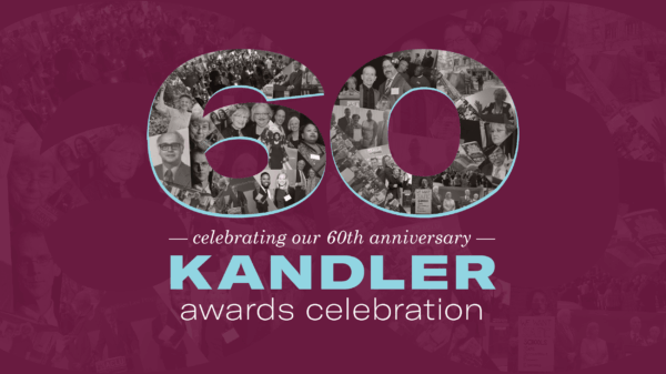 image: "60" filled with images of ACLU of Delaware's history; text: celebrating our 60th anniversary, Kandler awards celebration