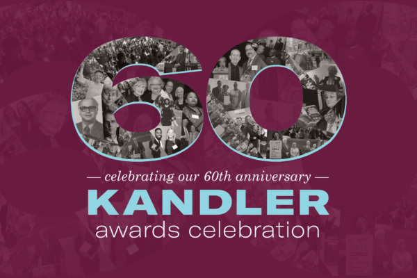 image: "60" filled with images of ACLU of Delaware's history; text: celebrating our 60th anniversary, Kandler awards celebration