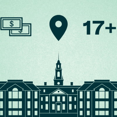 A graphic of the Delaware State Capitol building with three icons hovering over it: cash, a location pin, and the number "17+."