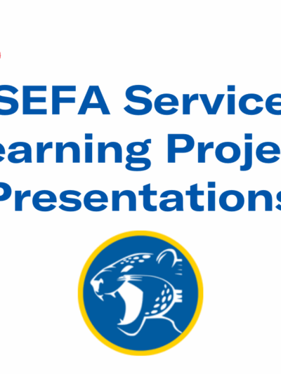 SEFA Service Learning Project Presentations. Rainbow paperclips in the upper corners, and Charter School of New Castle mascot in the lower middle.