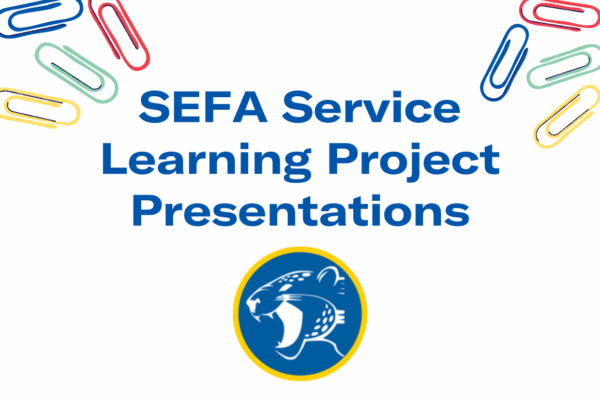 SEFA Service Learning Project Presentations. Rainbow paperclips in the upper corners, and Charter School of New Castle mascot in the lower middle.