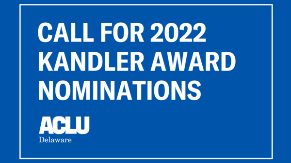 Graphic with royal blue background and white, all-caps text. Text reads, "Call for 2022 Kandler Award Nominations."