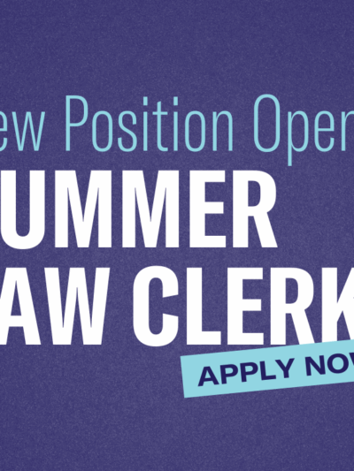 Graphic with navy blue background and azure text. New Position Open: Summer Law Clerk. Apply Now!