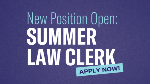 Graphic with navy blue background and azure text. New Position Open: Summer Law Clerk. Apply Now!
