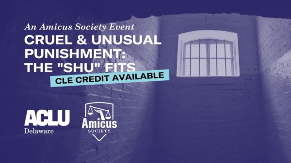 Graphic with a blue-tinted solitary confinement cell. white text reads, "An Amicus Society Event. Cruel & Unusual Punishment: the SHU fits."