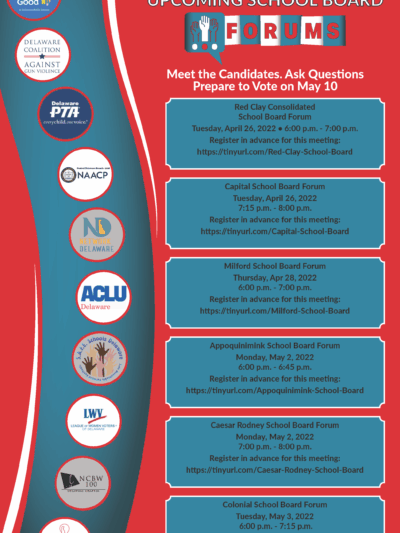 Graphic with red background, blue accents, and text. Upcoming school board forums. Meet the Candidates, ask questions, prepare to vote on May 10