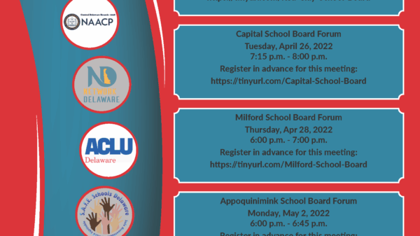 Graphic with red background, blue accents, and text. Upcoming school board forums. Meet the Candidates, ask questions, prepare to vote on May 10