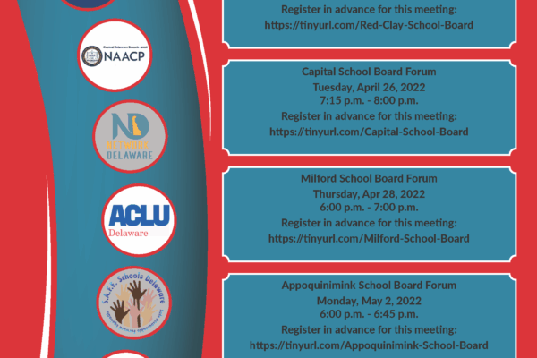 Graphic with red background, blue accents, and text. Upcoming school board forums. Meet the Candidates, ask questions, prepare to vote on May 10