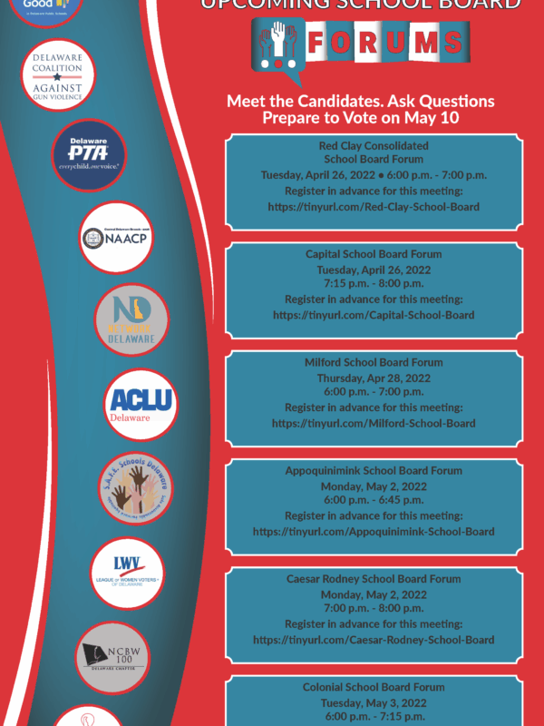 Graphic with red background, blue accents, and text. Upcoming school board forums. Meet the Candidates, ask questions, prepare to vote on May 10