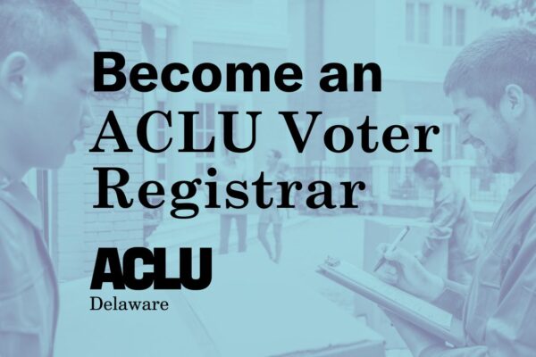 Become an ACLU Voter Registrar. Photo of a registrar with a clipboard in the background.