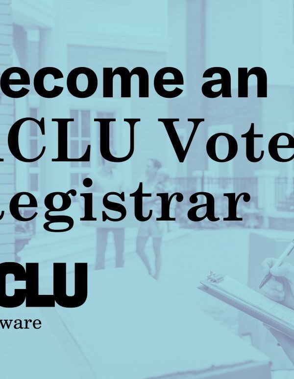 Become an ACLU Voter Registrar. Photo of a registrar with a clipboard in the background.