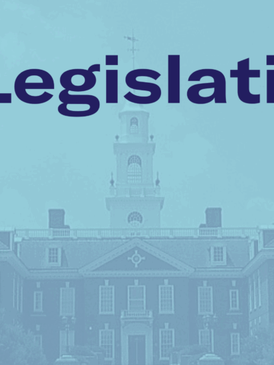 Graphic with blue-tinted background of Delaware's legislative hall. Red and dark blue text reads, 2022 Legislative Recap.