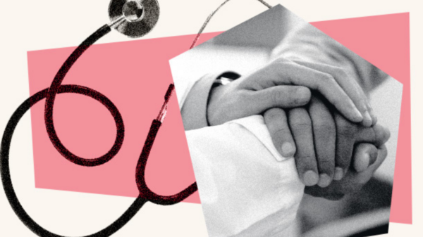 Image of a stethoscope to the left of a close-up of someone's hands being held