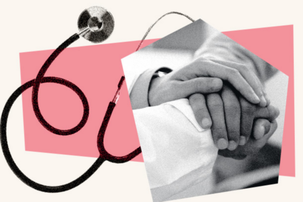 Image of a stethoscope to the left of a close-up of someone's hands being held