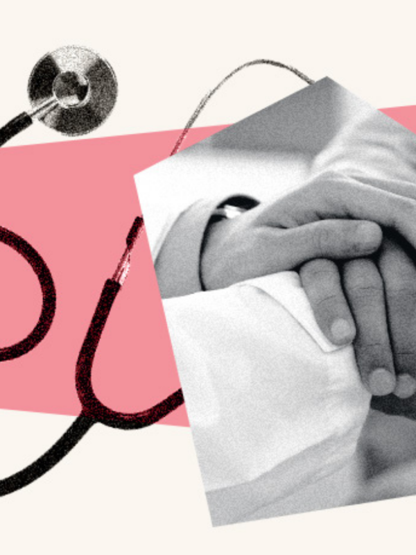 Image of a stethoscope to the left of a close-up of someone's hands being held