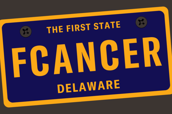 Mock-up of a Delaware license plate that reads "FCANCER"
