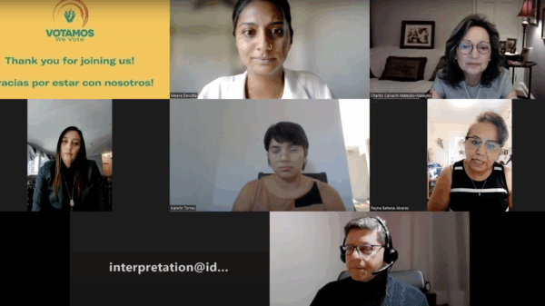 Screenshot of Votamos, We Vote press conference showing all speakers and interpreters.