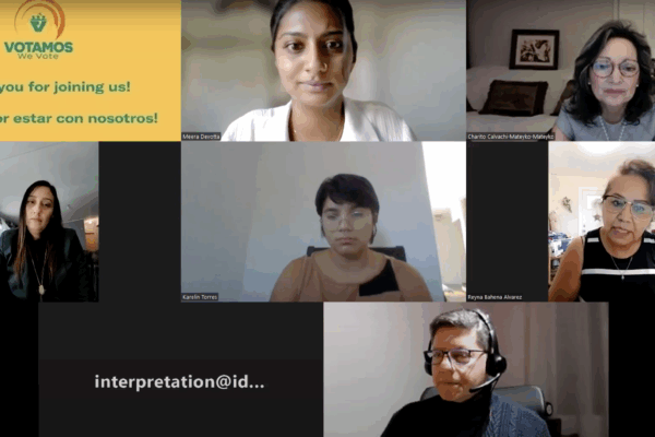 Screenshot of Votamos, We Vote press conference showing all speakers and interpreters.