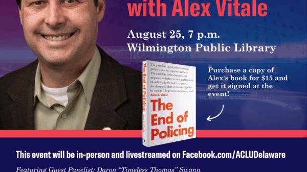 Photo of Alex Vitale and his book "The End to Policing" over a blue and red background with text that reads "Conversations on Race and Policing with Alex Vitale, August 25, 7pm, Wilmington Public Library."