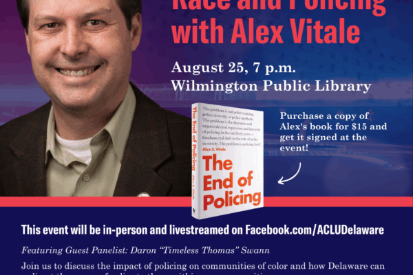 Photo of Alex Vitale and his book "The End to Policing" over a blue and red background with text that reads "Conversations on Race and Policing with Alex Vitale, August 25, 7pm, Wilmington Public Library."