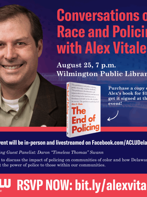Photo of Alex Vitale and his book "The End to Policing" over a blue and red background with text that reads "Conversations on Race and Policing with Alex Vitale, August 25, 7pm, Wilmington Public Library."