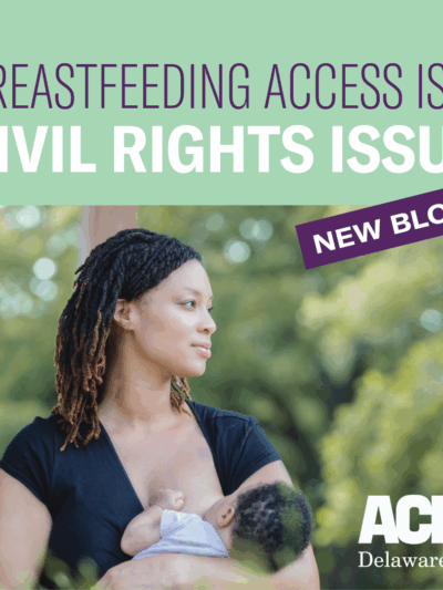 Black woman breastfeeding a child in the foreground of trees and greenery with text upon a green background "Breastfeeding access is a civil rights issue - new blog!"