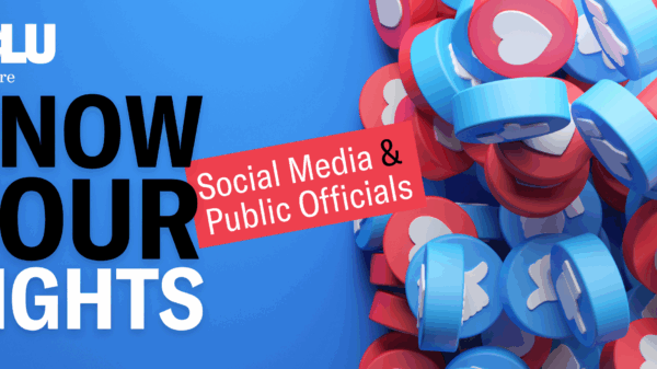 blue background with social media like icons on the right and large bold text that reads "know your rights"