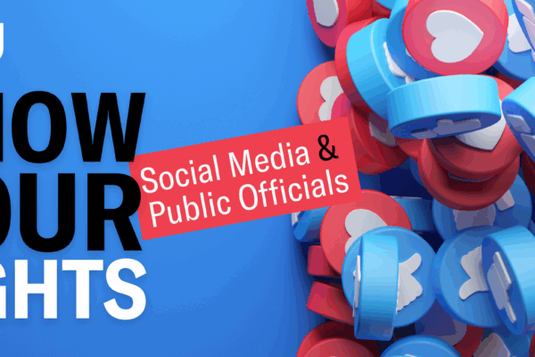 blue background with social media like icons on the right and large bold text that reads "know your rights"