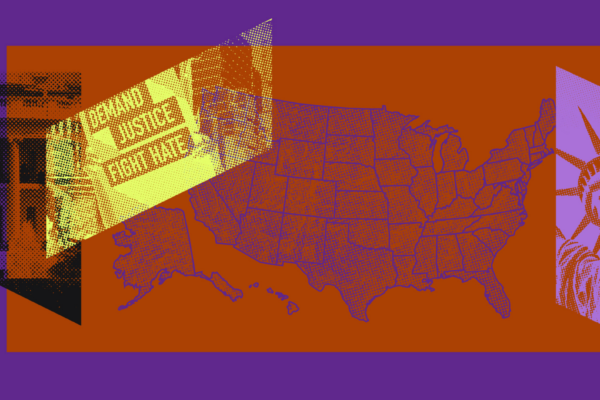 Image of a map of the U.S overlaid with images of statue of liberty, white house, and protest sign that reads "demand justice, fight hate"