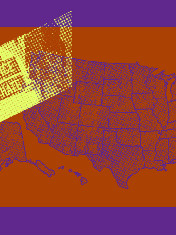 Image of a map of the U.S overlaid with images of statue of liberty, white house, and protest sign that reads "demand justice, fight hate"