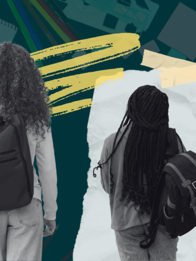 Students with backpacks walking away with their backs turned. Background is faded images of schools supplies and a piece of notebook paper and tape.