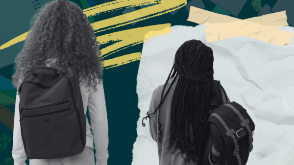Students with backpacks walking away with their backs turned. Background is faded images of schools supplies and a piece of notebook paper and tape.