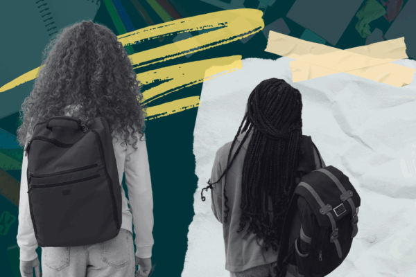 Students with backpacks walking away with their backs turned. Background is faded images of schools supplies and a piece of notebook paper and tape.