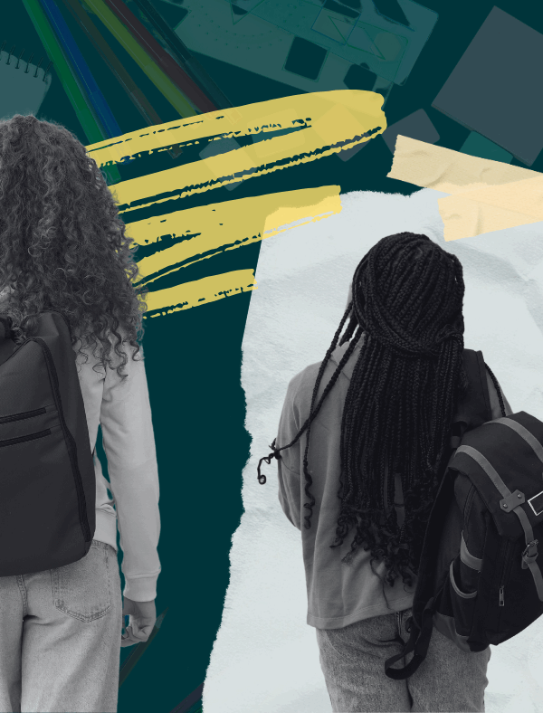 Students with backpacks walking away with their backs turned. Background is faded images of schools supplies and a piece of notebook paper and tape.