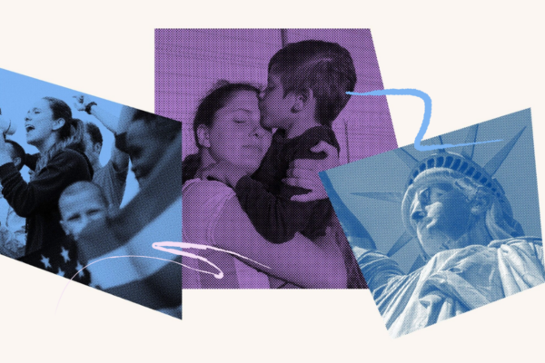 Woman hugging a small child against her face in the center, framed by an image of the statue of liberty to the right and protesters to the left