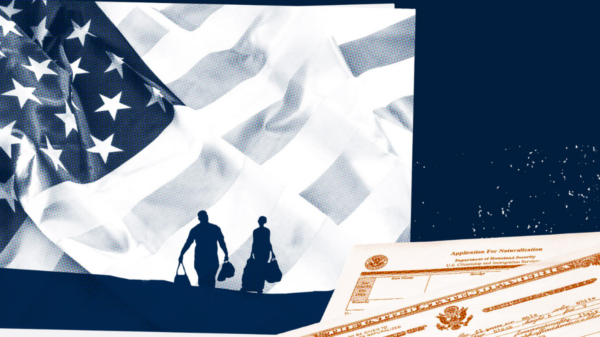 Two figures carrying bags in the distance against a backdrop of an American flag; fingerprint paperwork is in the foreground