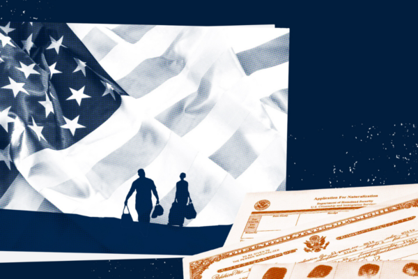 Two figures carrying bags in the distance against a backdrop of an American flag; fingerprint paperwork is in the foreground