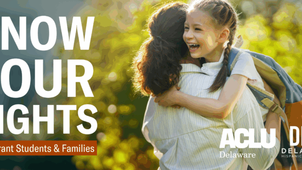 Text: Know Your Rights: Immigrant Students and Families. Image: A woman with a curly ponytail facing away from the camera holding a young girl with a backpack who is laughing