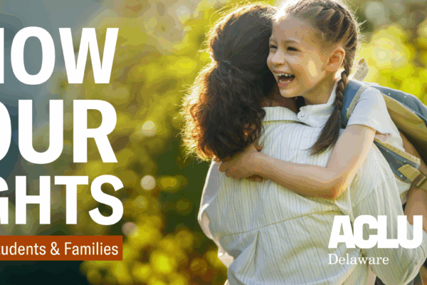 Text: Know Your Rights: Immigrant Students and Families. Image: A woman with a curly ponytail facing away from the camera holding a young girl with a backpack who is laughing