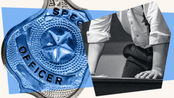 Large image of a special officer badge to the left of a close-up of a person's forearms leaning on a surface, overlayed with a transparent blue box