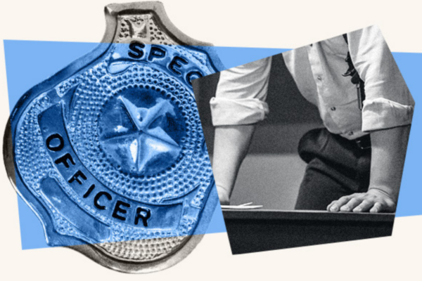 Large image of a special officer badge to the left of a close-up of a person's forearms leaning on a surface, overlayed with a transparent blue box
