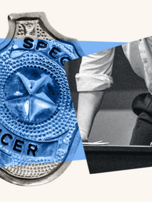 Large image of a special officer badge to the left of a close-up of a person's forearms leaning on a surface, overlayed with a transparent blue box