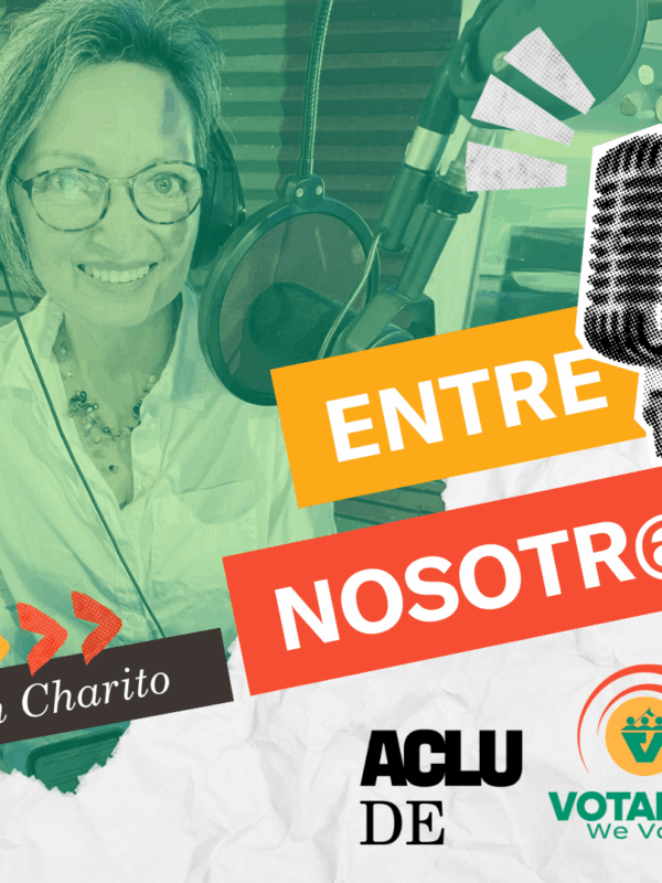 Charito in front of a microphone