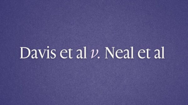 Graphic with dark blue background and white text. Davis et al v. Neal et al.