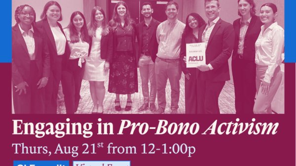 Photo of several members of the ACLU-DE legal department at an event with an "ACLU of Delaware" sign. The text underneath reads "Engaging in Pro Bono Activism"