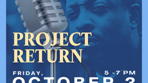 Text reads: Project Return, Friday, October 5, 5 -7 pm. Photo: Blue duo-tone image of Rashaan by Jesse “Analog” Bird with a microphone overlaid