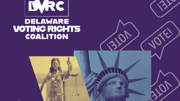 Delaware Voting Rights Coalition Logo on purple background with images of Lady Justice and the Statue Liberty