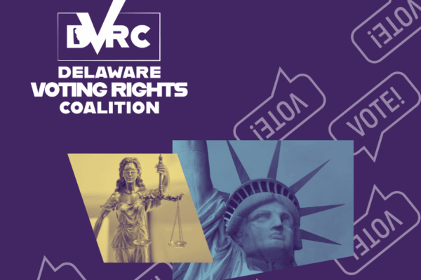 Delaware Voting Rights Coalition Logo on purple background with images of Lady Justice and the Statue Liberty