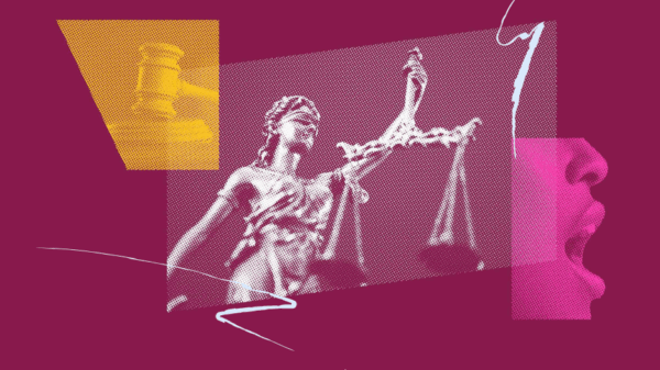 Image with gavel, lady justice, and open mouth